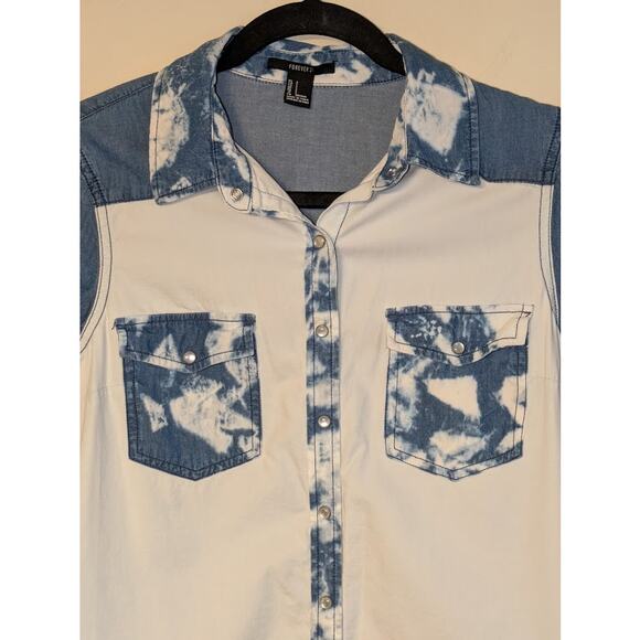 Forever 21 Womens Sz Small Denim / Chambray Pearl Snap Acid Wash Long Sleeve Top - Picture 5 of 8